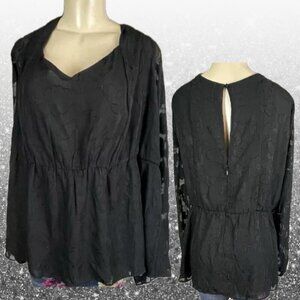 Torrid +5 Black Sweetheart Neckline Clip Floral Lined Long Sheer Sleeve Blouse